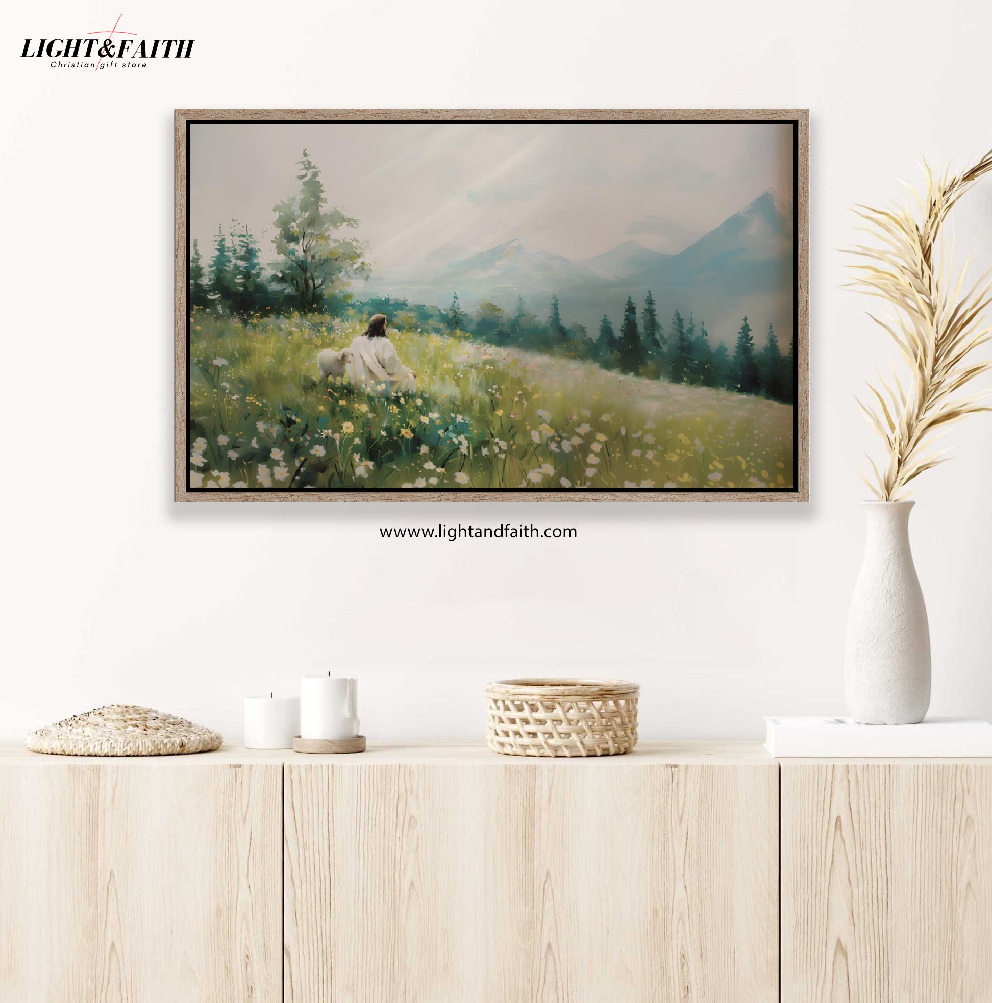 Jesus Leaves the 99 Sheep Poster, Jesus Landscape Wall Art, Christian Landscape Art, Christ Jesus lamb Wall Art, Christian Poster